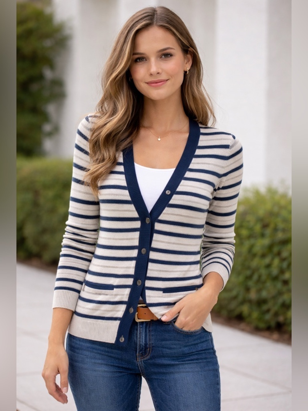 Banana Republic Extra Fine Merino Wool Navy and Cream Button-Front Sweater XS
